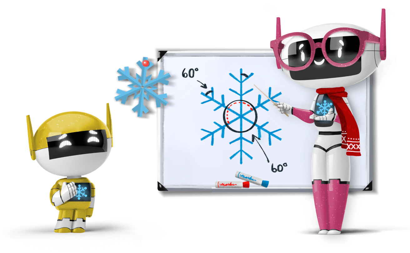 Winter News Image. Victor and Zoe looking at a whiteboard with snowflakes on it.